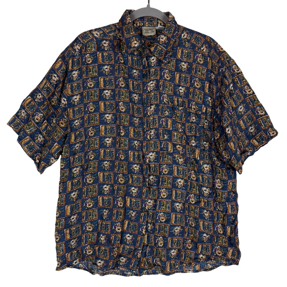 Specialty Collection Blouse Womens Large Blue Floral Silk Short Sleeve Button Up